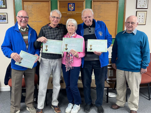 2026 Aussie Pairs Winners. Chairperson Dave Woodage, Winners Richard Chapman, Jan Mabbott, Ray Grinham, Organiser Harry Frith.