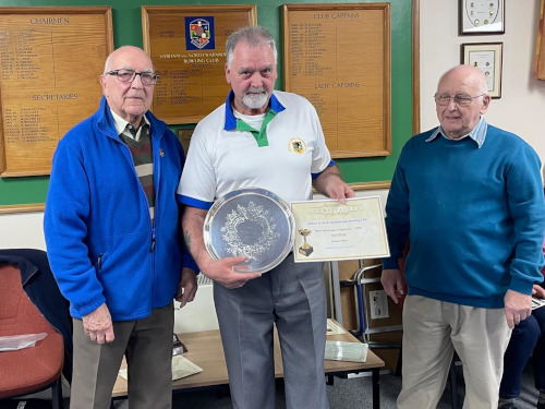 2026 Short Mat Singles Finals. Chairperson Dave Woodage, Winner Grahame Rudley, Organiser Harry Frith.